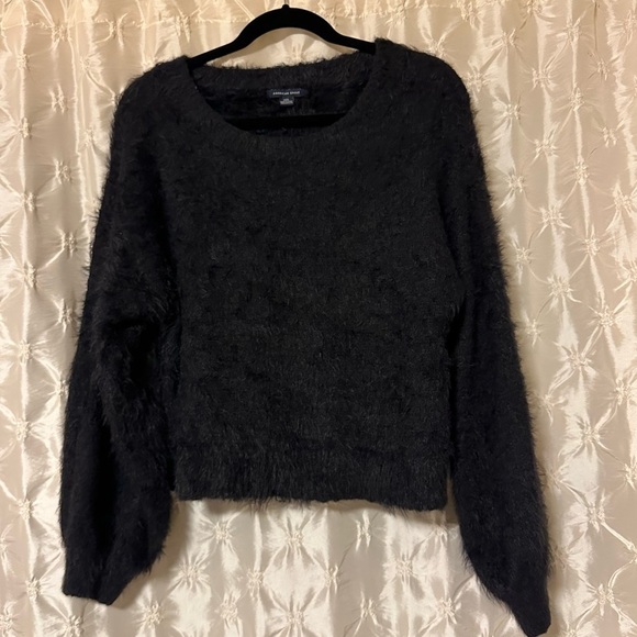 American Eagle Black Eyelash Knit Balloon Sleeve Sweater Fuzzy - Picture 2 of 9
